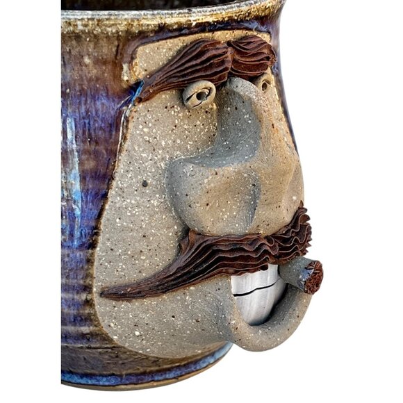 Handcrafted Thrown Ceramic Mug Whimsical Face with Cigar Stamped UR on bottom - Picture 12 of 16